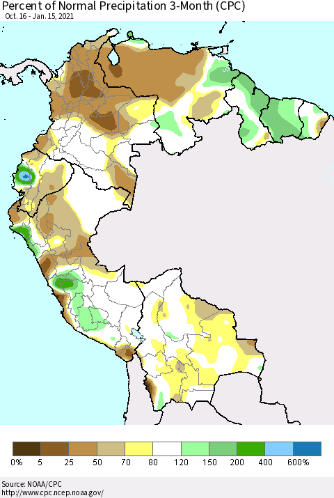 Northern South America Percent of Normal Precipitation 3-Month (CPC) Thematic Map For 10/16/2020 - 1/15/2021