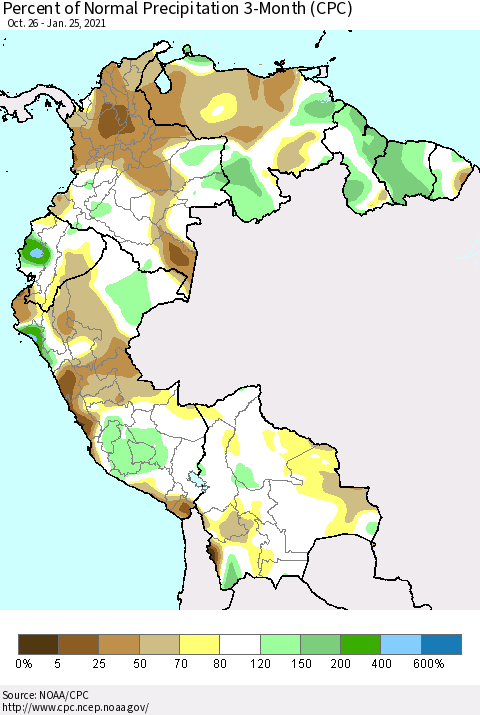 Northern South America Percent of Normal Precipitation 3-Month (CPC) Thematic Map For 10/26/2020 - 1/25/2021