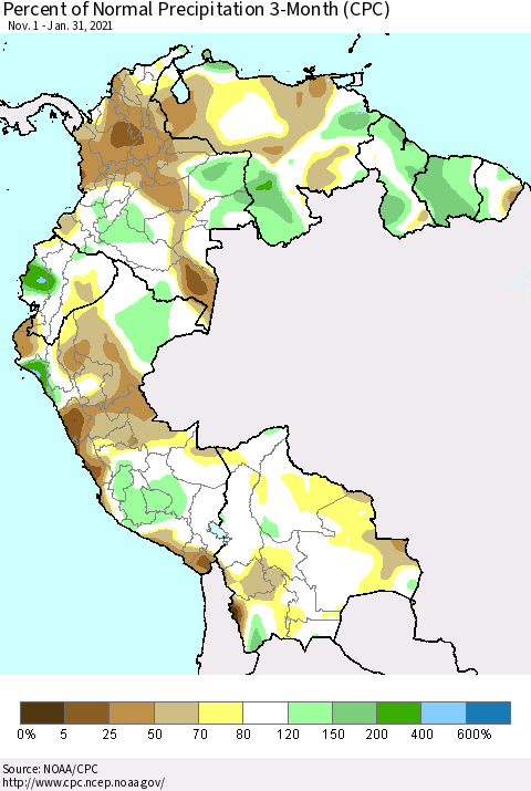 Northern South America Percent of Normal Precipitation 3-Month (CPC) Thematic Map For 11/1/2020 - 1/31/2021