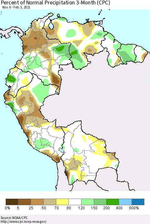 Northern South America Percent of Normal Precipitation 3-Month (CPC) Thematic Map For 11/6/2020 - 2/5/2021