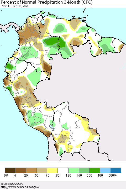 Northern South America Percent of Normal Precipitation 3-Month (CPC) Thematic Map For 11/11/2020 - 2/10/2021
