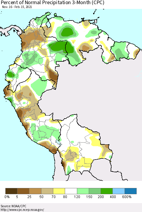 Northern South America Percent of Normal Precipitation 3-Month (CPC) Thematic Map For 11/16/2020 - 2/15/2021