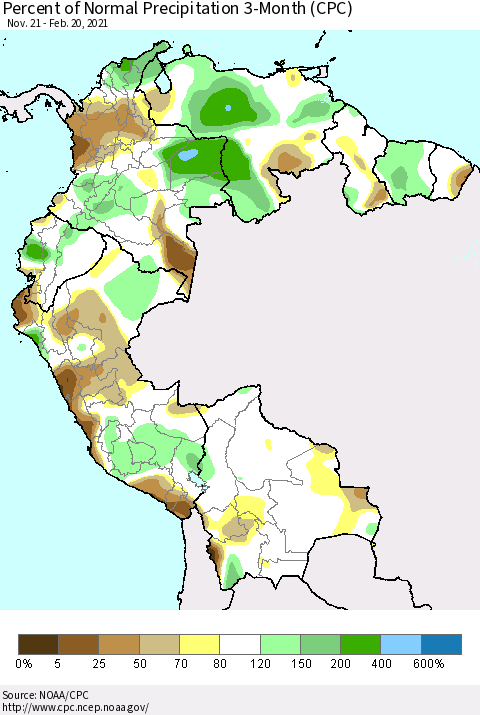 Northern South America Percent of Normal Precipitation 3-Month (CPC) Thematic Map For 11/21/2020 - 2/20/2021