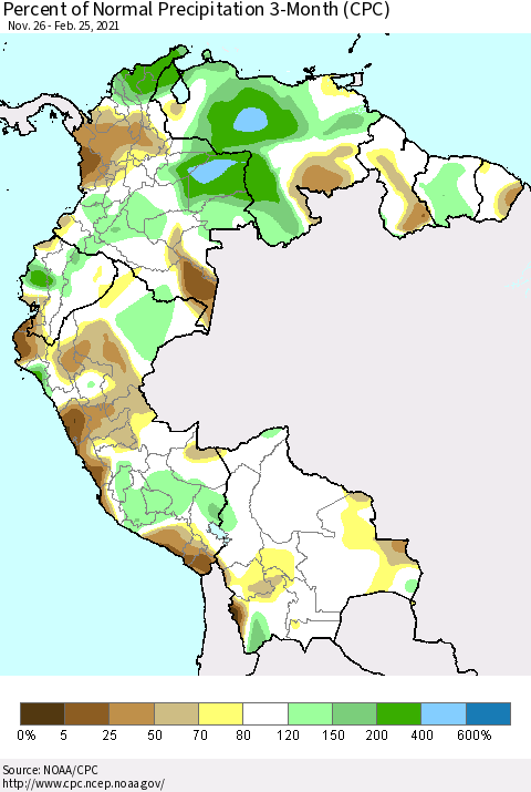 Northern South America Percent of Normal Precipitation 3-Month (CPC) Thematic Map For 11/26/2020 - 2/25/2021