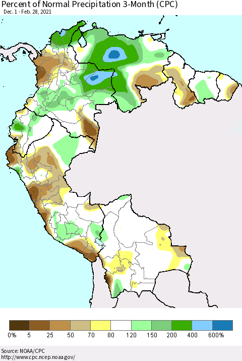 Northern South America Percent of Normal Precipitation 3-Month (CPC) Thematic Map For 12/1/2020 - 2/28/2021