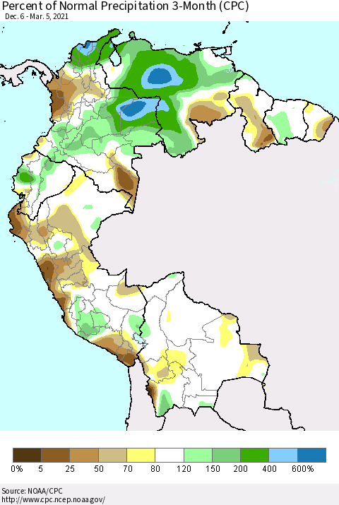 Northern South America Percent of Normal Precipitation 3-Month (CPC) Thematic Map For 12/6/2020 - 3/5/2021