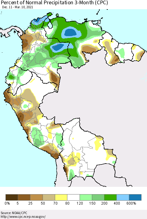 Northern South America Percent of Normal Precipitation 3-Month (CPC) Thematic Map For 12/11/2020 - 3/10/2021