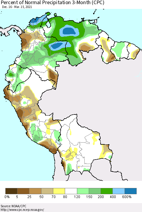 Northern South America Percent of Normal Precipitation 3-Month (CPC) Thematic Map For 12/16/2020 - 3/15/2021