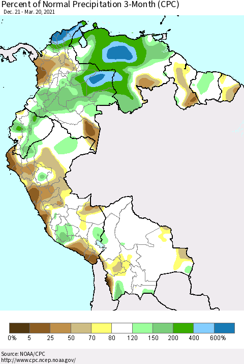 Northern South America Percent of Normal Precipitation 3-Month (CPC) Thematic Map For 12/21/2020 - 3/20/2021