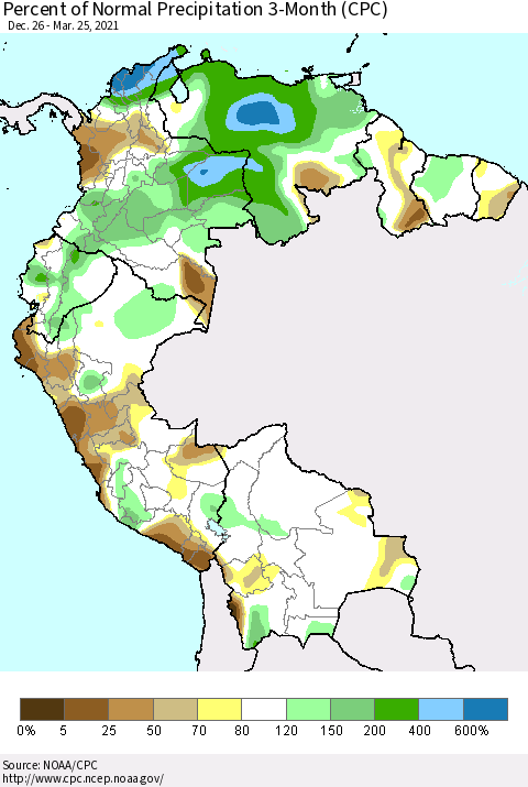 Northern South America Percent of Normal Precipitation 3-Month (CPC) Thematic Map For 12/26/2020 - 3/25/2021