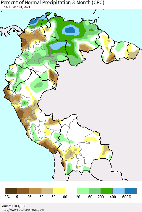 Northern South America Percent of Normal Precipitation 3-Month (CPC) Thematic Map For 1/1/2021 - 3/31/2021