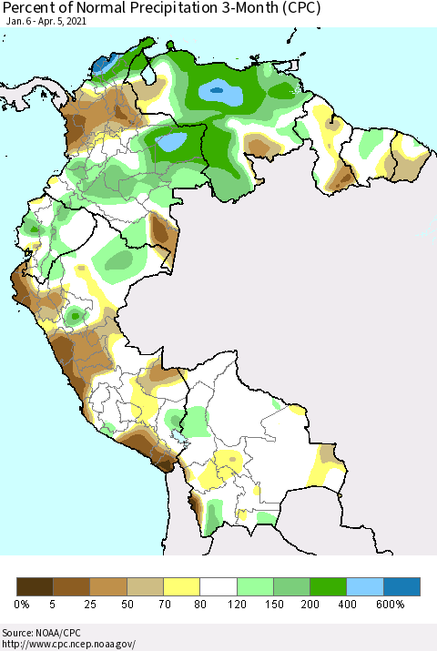 Northern South America Percent of Normal Precipitation 3-Month (CPC) Thematic Map For 1/6/2021 - 4/5/2021