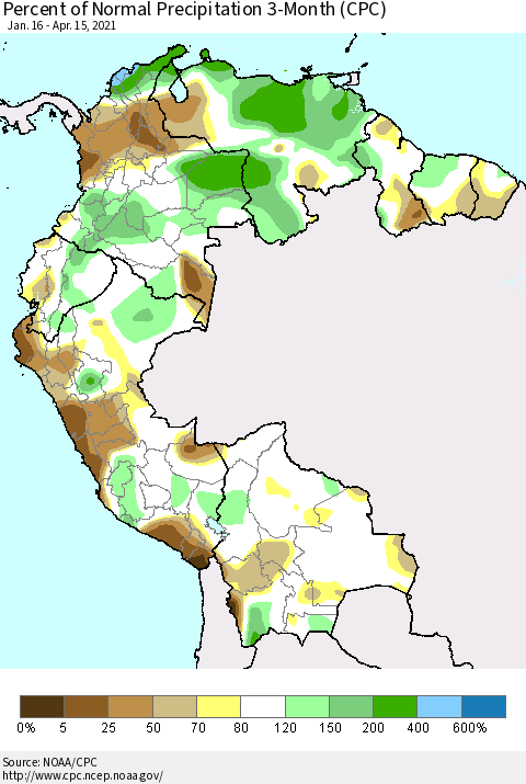 Northern South America Percent of Normal Precipitation 3-Month (CPC) Thematic Map For 1/16/2021 - 4/15/2021