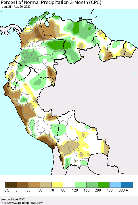Northern South America Percent of Normal Precipitation 3-Month (CPC) Thematic Map For 1/21/2021 - 4/20/2021