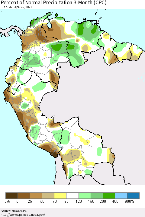 Northern South America Percent of Normal Precipitation 3-Month (CPC) Thematic Map For 1/26/2021 - 4/25/2021