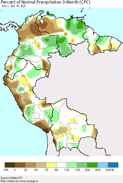 Northern South America Percent of Normal Precipitation 3-Month (CPC) Thematic Map For 2/1/2021 - 4/30/2021