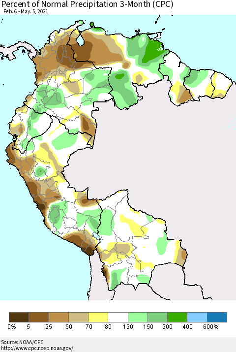 Northern South America Percent of Normal Precipitation 3-Month (CPC) Thematic Map For 2/6/2021 - 5/5/2021