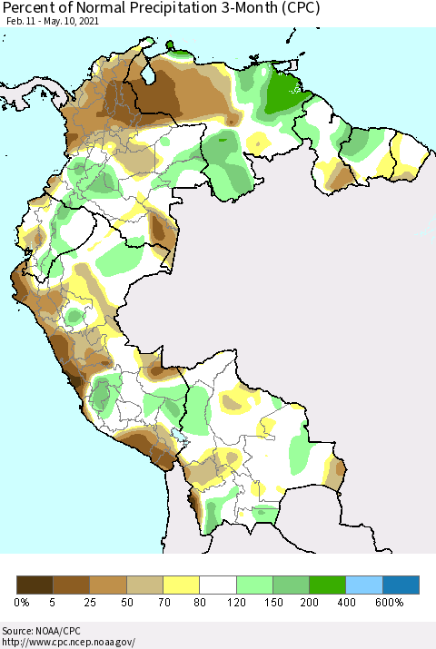 Northern South America Percent of Normal Precipitation 3-Month (CPC) Thematic Map For 2/11/2021 - 5/10/2021