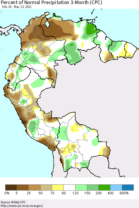 Northern South America Percent of Normal Precipitation 3-Month (CPC) Thematic Map For 2/16/2021 - 5/15/2021
