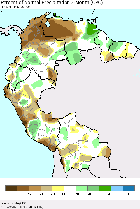 Northern South America Percent of Normal Precipitation 3-Month (CPC) Thematic Map For 2/21/2021 - 5/20/2021