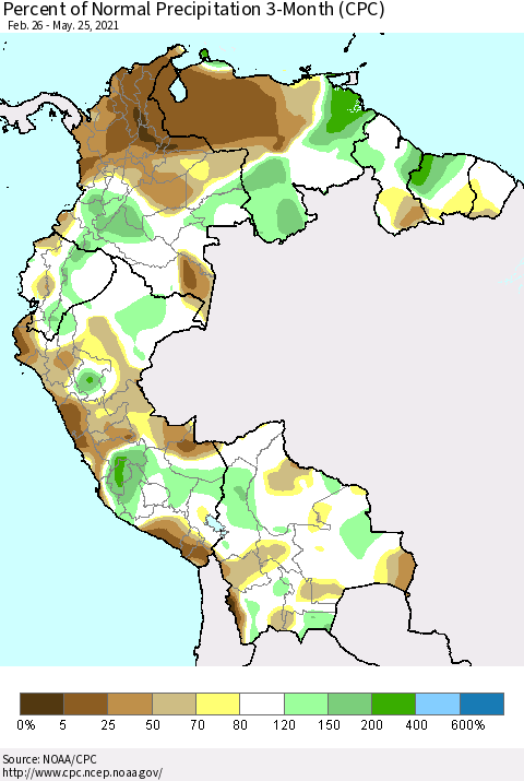 Northern South America Percent of Normal Precipitation 3-Month (CPC) Thematic Map For 2/26/2021 - 5/25/2021