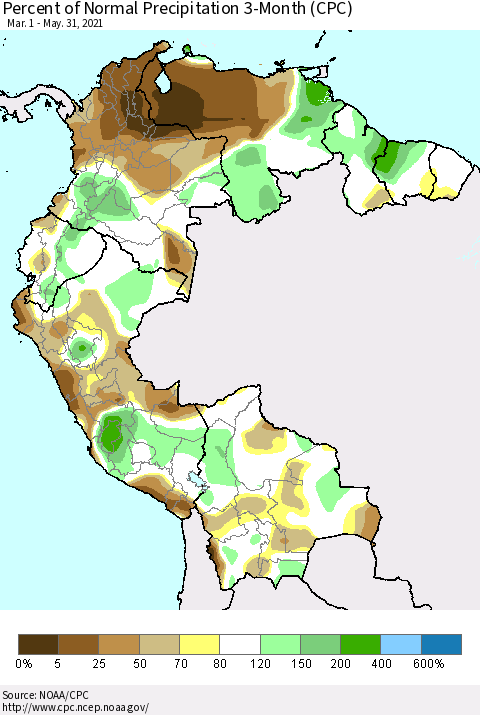 Northern South America Percent of Normal Precipitation 3-Month (CPC) Thematic Map For 3/1/2021 - 5/31/2021