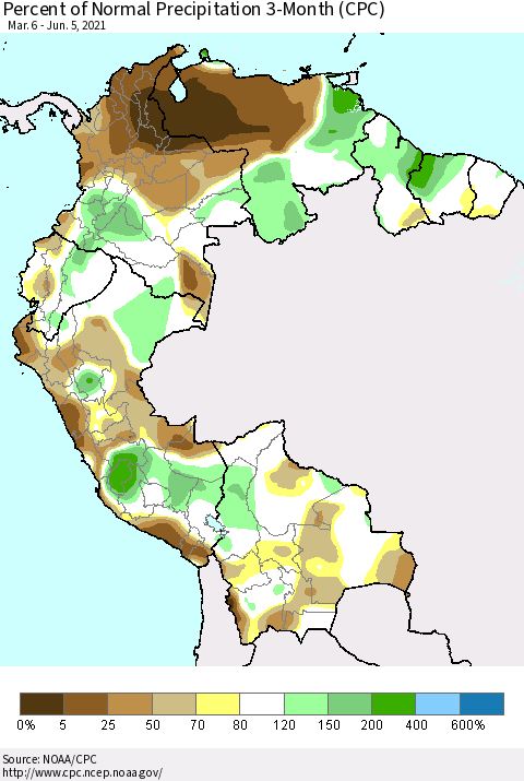 Northern South America Percent of Normal Precipitation 3-Month (CPC) Thematic Map For 3/6/2021 - 6/5/2021