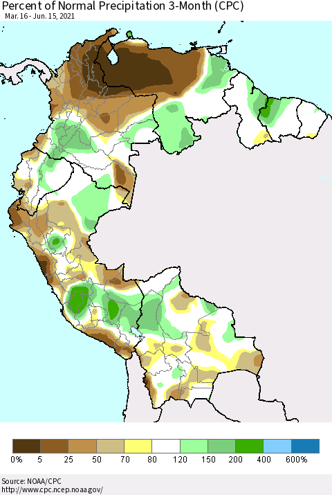 Northern South America Percent of Normal Precipitation 3-Month (CPC) Thematic Map For 3/16/2021 - 6/15/2021
