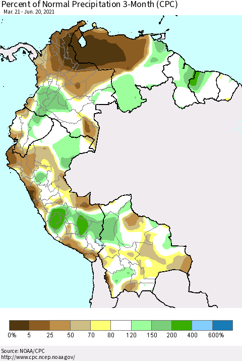 Northern South America Percent of Normal Precipitation 3-Month (CPC) Thematic Map For 3/21/2021 - 6/20/2021