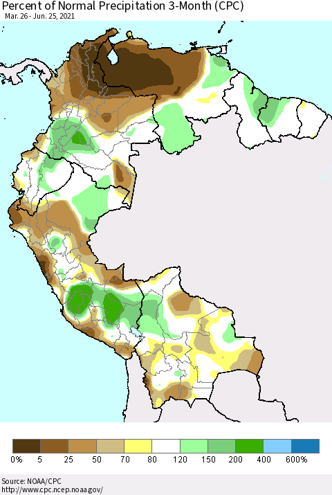 Northern South America Percent of Normal Precipitation 3-Month (CPC) Thematic Map For 3/26/2021 - 6/25/2021