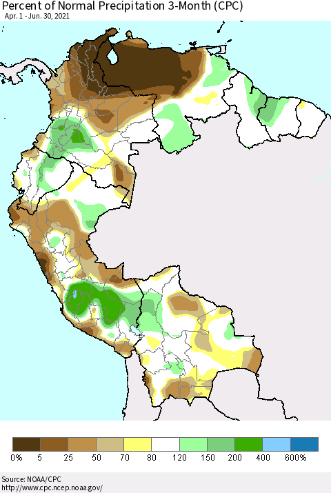Northern South America Percent of Normal Precipitation 3-Month (CPC) Thematic Map For 4/1/2021 - 6/30/2021
