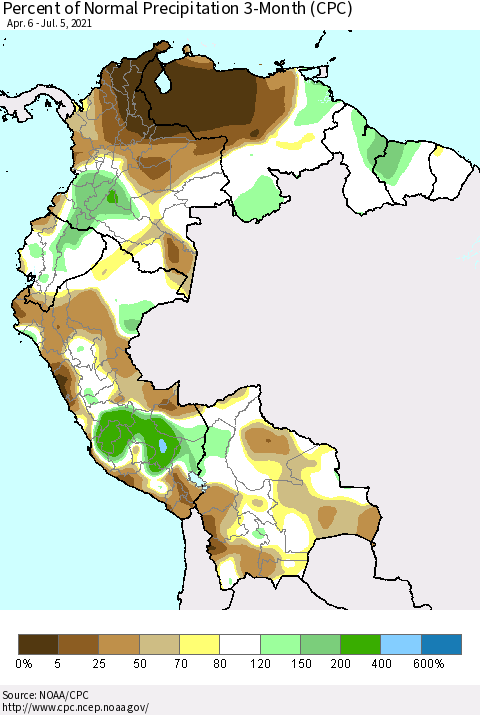Northern South America Percent of Normal Precipitation 3-Month (CPC) Thematic Map For 4/6/2021 - 7/5/2021