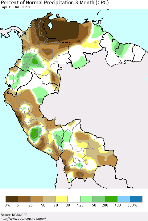 Northern South America Percent of Normal Precipitation 3-Month (CPC) Thematic Map For 4/11/2021 - 7/10/2021