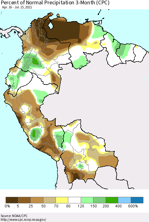 Northern South America Percent of Normal Precipitation 3-Month (CPC) Thematic Map For 4/16/2021 - 7/15/2021