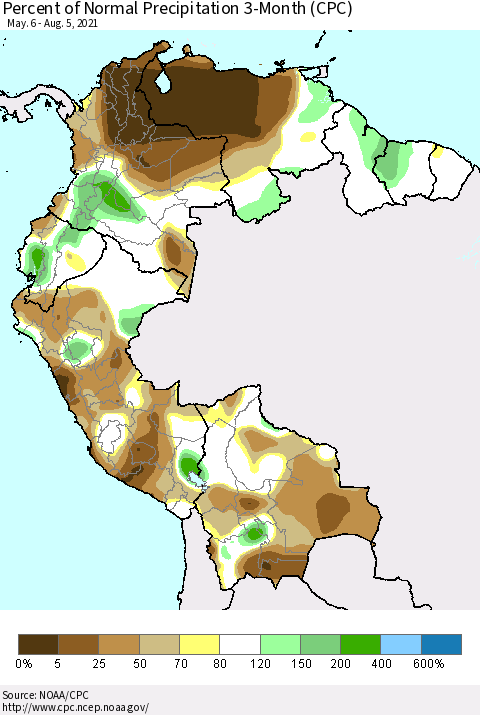 Northern South America Percent of Normal Precipitation 3-Month (CPC) Thematic Map For 5/6/2021 - 8/5/2021