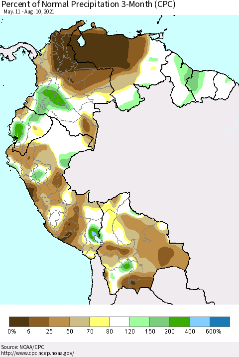 Northern South America Percent of Normal Precipitation 3-Month (CPC) Thematic Map For 5/11/2021 - 8/10/2021