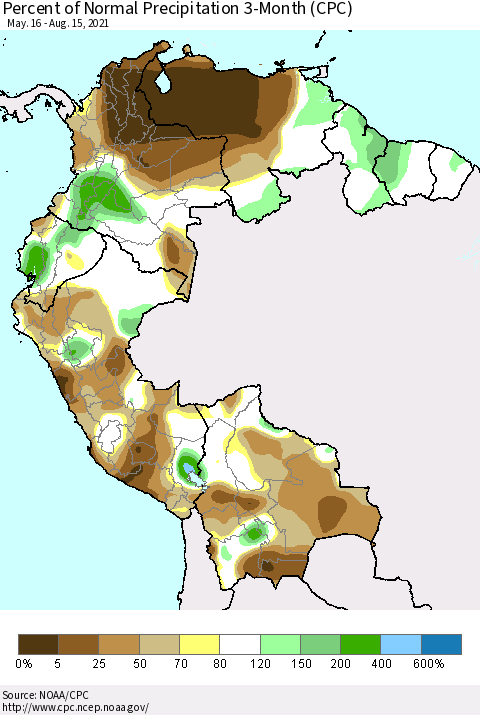 Northern South America Percent of Normal Precipitation 3-Month (CPC) Thematic Map For 5/16/2021 - 8/15/2021