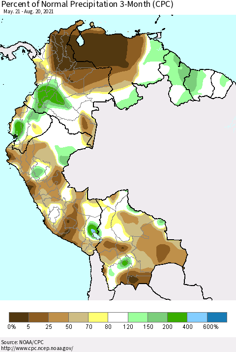Northern South America Percent of Normal Precipitation 3-Month (CPC) Thematic Map For 5/21/2021 - 8/20/2021