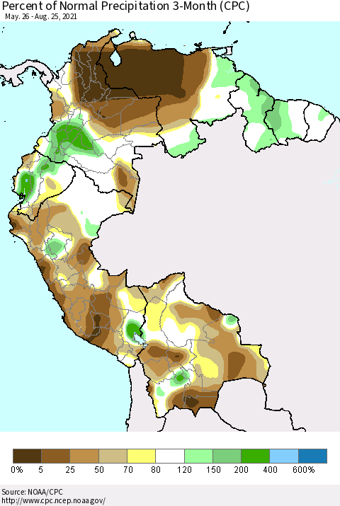 Northern South America Percent of Normal Precipitation 3-Month (CPC) Thematic Map For 5/26/2021 - 8/25/2021