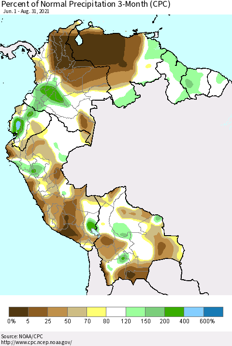 Northern South America Percent of Normal Precipitation 3-Month (CPC) Thematic Map For 6/1/2021 - 8/31/2021