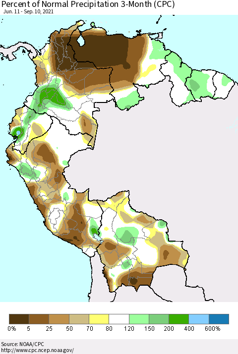 Northern South America Percent of Normal Precipitation 3-Month (CPC) Thematic Map For 6/11/2021 - 9/10/2021