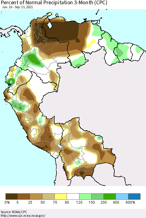 Northern South America Percent of Normal Precipitation 3-Month (CPC) Thematic Map For 6/16/2021 - 9/15/2021