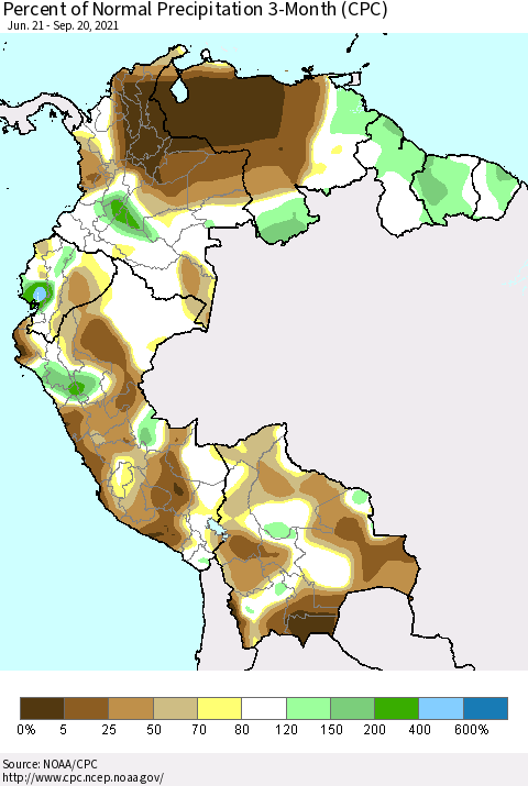Northern South America Percent of Normal Precipitation 3-Month (CPC) Thematic Map For 6/21/2021 - 9/20/2021