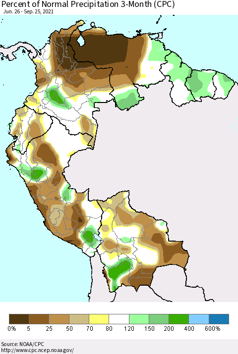 Northern South America Percent of Normal Precipitation 3-Month (CPC) Thematic Map For 6/26/2021 - 9/25/2021