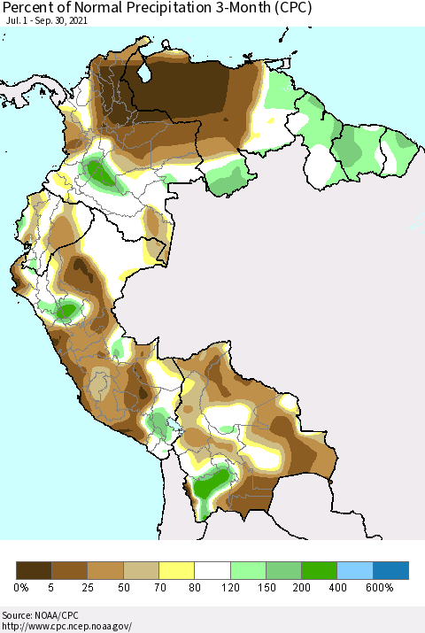Northern South America Percent of Normal Precipitation 3-Month (CPC) Thematic Map For 7/1/2021 - 9/30/2021