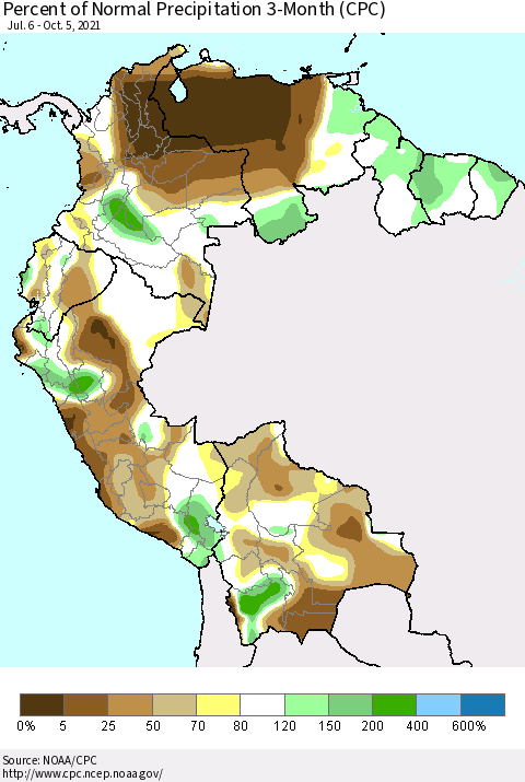 Northern South America Percent of Normal Precipitation 3-Month (CPC) Thematic Map For 7/6/2021 - 10/5/2021