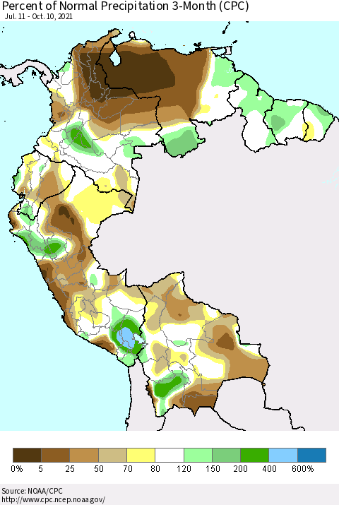 Northern South America Percent of Normal Precipitation 3-Month (CPC) Thematic Map For 7/11/2021 - 10/10/2021