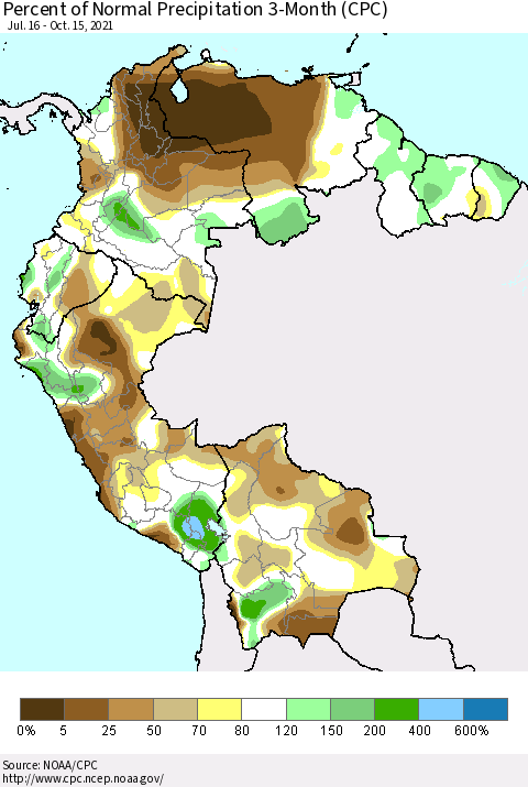 Northern South America Percent of Normal Precipitation 3-Month (CPC) Thematic Map For 7/16/2021 - 10/15/2021
