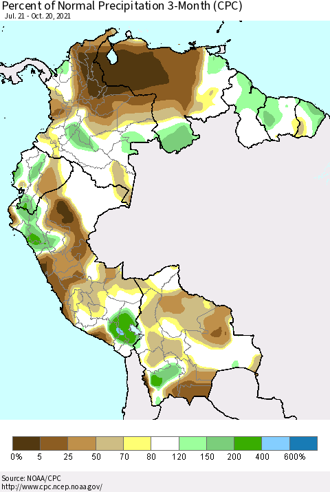 Northern South America Percent of Normal Precipitation 3-Month (CPC) Thematic Map For 7/21/2021 - 10/20/2021