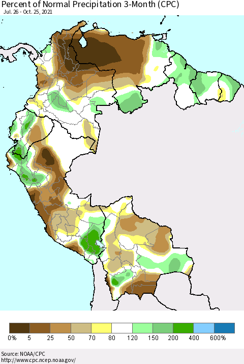 Northern South America Percent of Normal Precipitation 3-Month (CPC) Thematic Map For 7/26/2021 - 10/25/2021